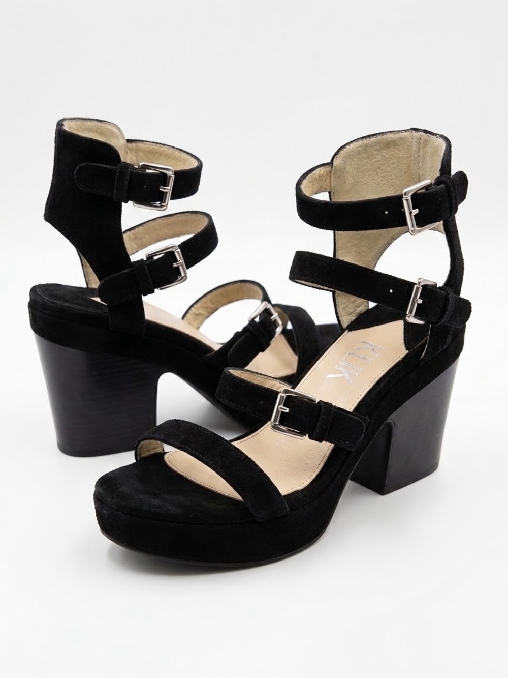 Klik Black Suede Strappy Platform Block Heel Sandals Y2K Sz 38